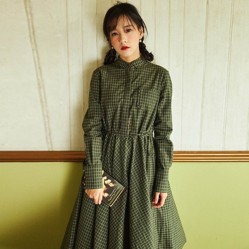 安妮陳2017秋裝新款女士襯衫領格子連身裙洋裝 - 洋裝/連身裙 - 棉．麻 綠色
