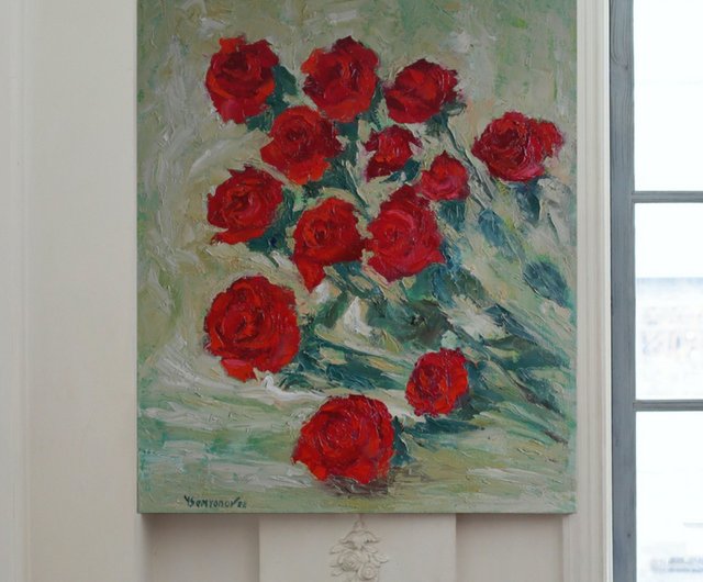 バラの花 オリジナル アート 油絵 壁の装飾 赤いバラ - ショップ