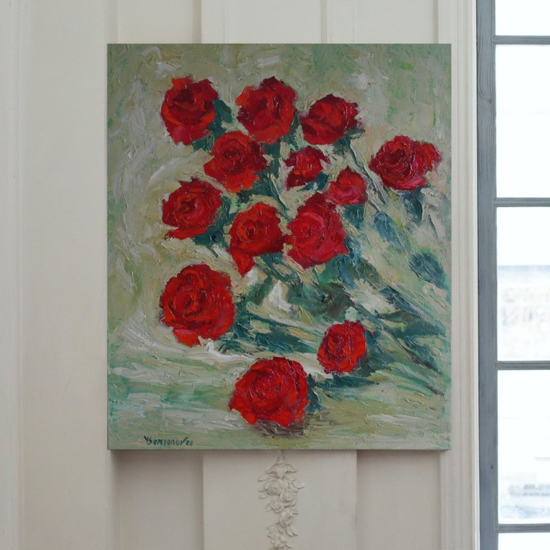 Roses Flowers Original Art Oil Painting Wall Decor Red Roses - โปสเตอร์ - วัสดุอื่นๆ สีแดง