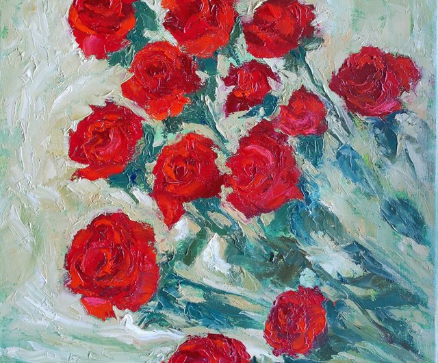 バラの花 オリジナル アート 油絵 壁の装飾 赤いバラ - ショップ