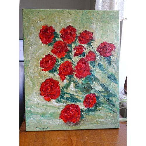 バラの花 オリジナル アート 油絵 壁の装飾 赤いバラ - ショップ