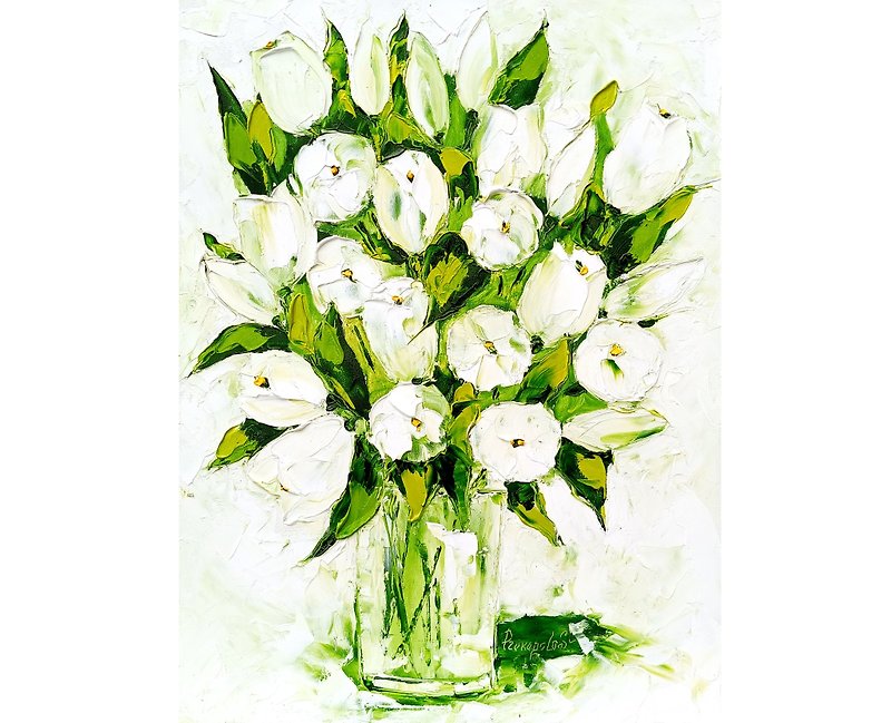 チューリップ ペインティング フローラル オリジナル アート 花 アジサイ 花瓶 16 x 12 - ウォールデコ・壁紙 - その他の素材 ホワイト