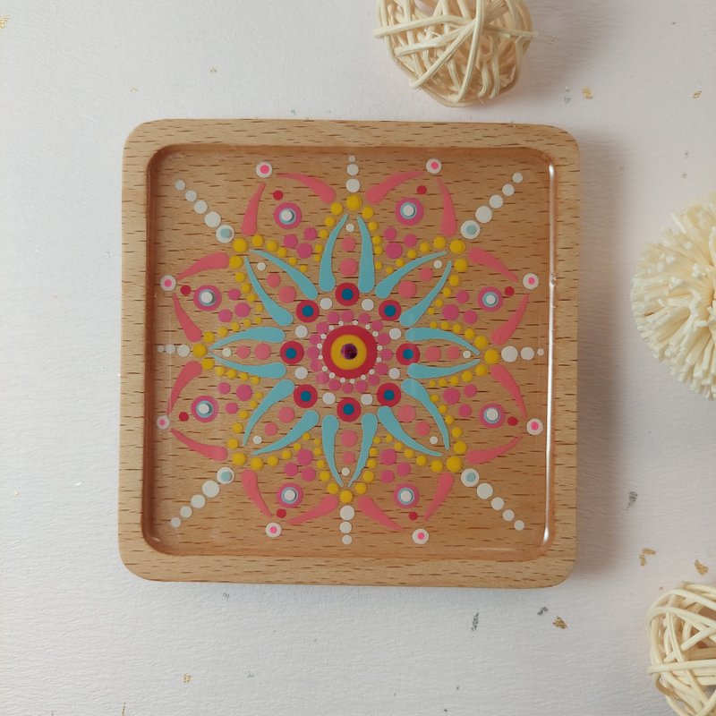 Dot Mandala Hand Made/Mandala Coasters - Items for Display - Wood Khaki