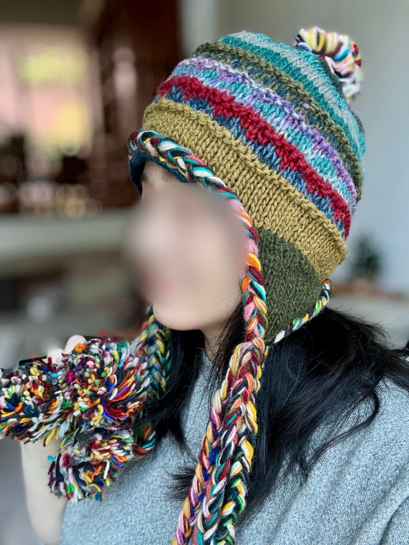 Olive Green Long Braid Seven-Ball Pure Wool Hand-Knitted Full-Lined Windproof Earmuff Hat for Extreme Cold Protection - Hats & Caps - Wool Multicolor