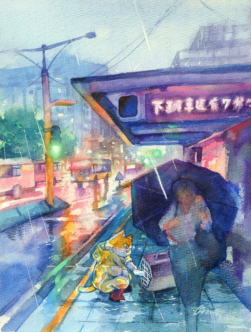 Original watercolor painting [Travel Notes of a New Kitten - Rainy Night Bus Stop] - Posters - Paper Multicolor