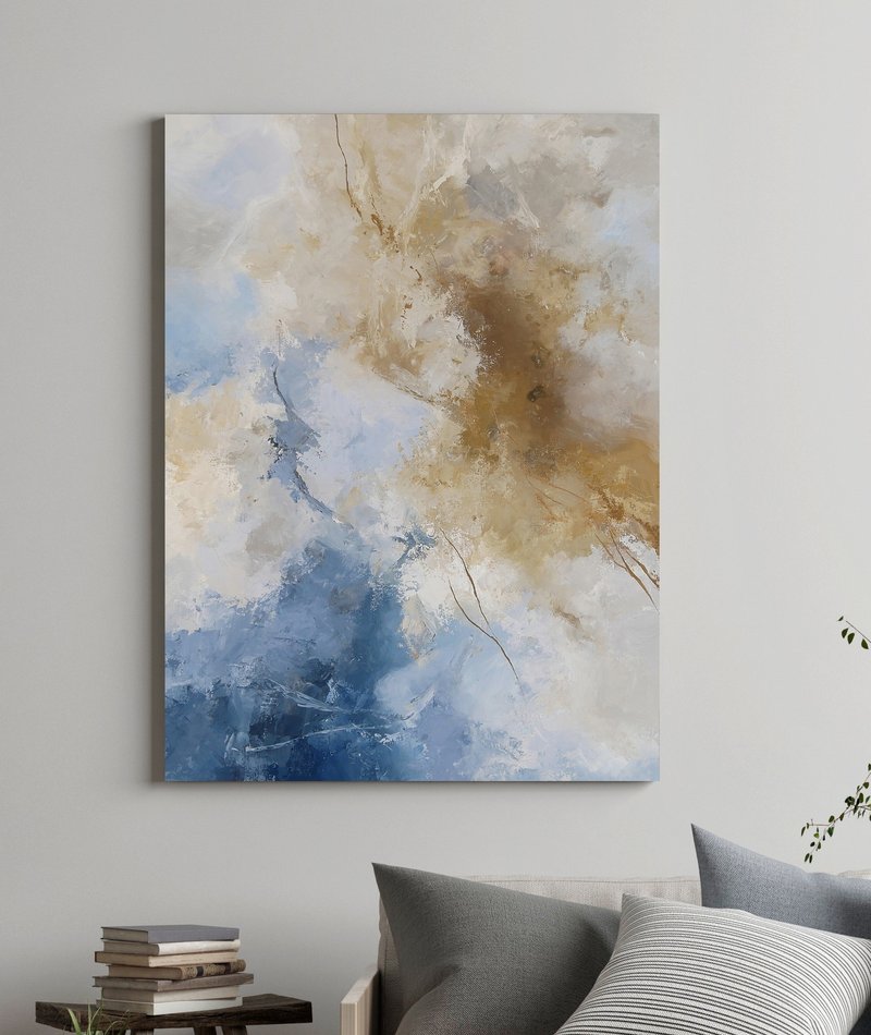 Blue abstract painting | Blue and caramel canvas wall art | Sensitive Air - 壁貼/牆壁裝飾 - 棉．麻 藍色