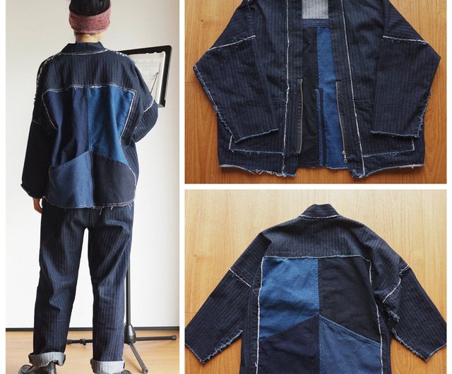 藍染　刺し子　リバーシブル　 パッチワークジャケット 藍染め綿麻のパッチワークジャッケット