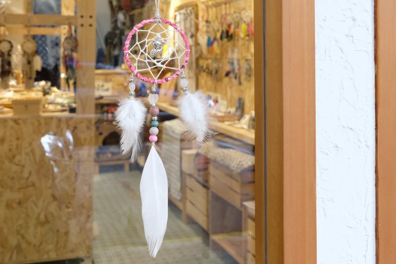 ドリームキャッチャーオーナメント-ピンククリスタル/フォックスチャーム - 置物 - コットン・麻 ピンク