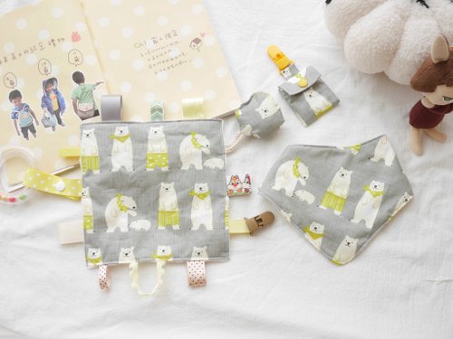 Pon Baby。愛手作。 北極熊彌月禮盒 安撫巾 六重紗三角口水巾 平安符袋
