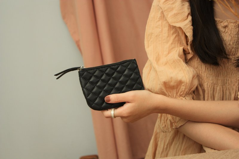 Lambskin plaid coin purse black - กระเป๋าสตางค์ - หนังแท้ สีดำ