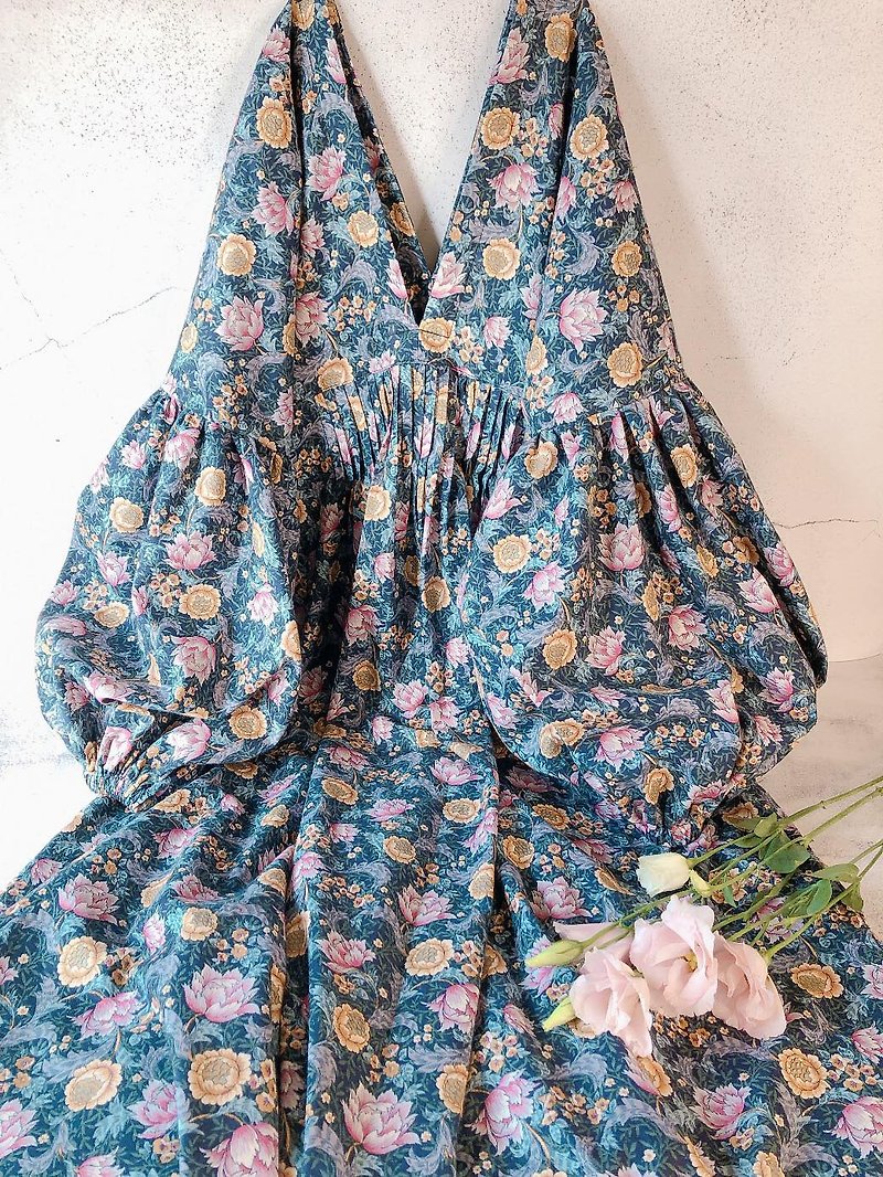 Cotton European-style floral totem front and rear v-neck fine press pleats high waistline dangling sleeves wrinkled and tossed sleeves long dress - One Piece Dresses - Cotton & Hemp Multicolor