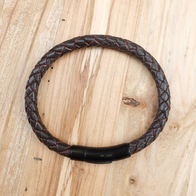 Valentine's Day gift German stainless steel fog hair black silk calf braided bracelet (dark brown) - Bracelets - Genuine Leather Brown