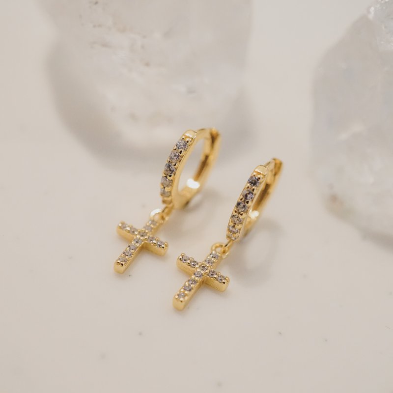 Mini Pave Dot Cross Drop Huggie Earrings - Earrings & Clip-ons - Other Metals Gold