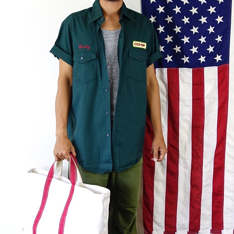 BajuTua / vintage / Lee American-made dark green work shirt - เสื้อเชิ้ตผู้ชาย - ผ้าฝ้าย/ผ้าลินิน สีเขียว
