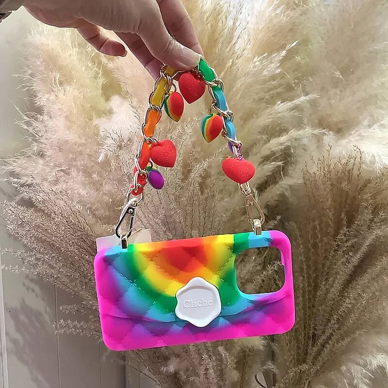 iPhone 13 / 13 Pro - Traditional Seal Stamped Case with Heart Strap (Rainbow) - Phone Cases - Silicone Multicolor