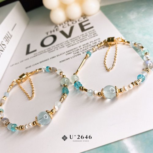 U+2646 Studio原創手作水晶飾品 若水 海藍寶 藍磷灰 天然珍珠 拉長石 白水晶 磁吸扣礦石水晶手環