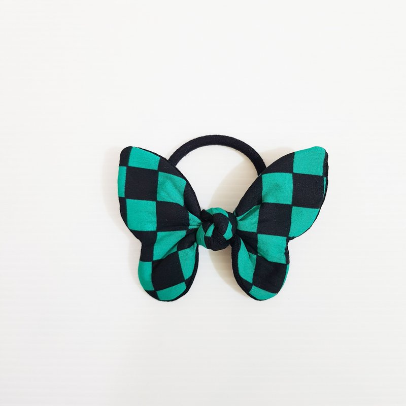 [Green and black grid-black] Exclusive classic style!!! Ghost Miefeng Bow Hair Tie - Hair Accessories - Cotton & Hemp Green