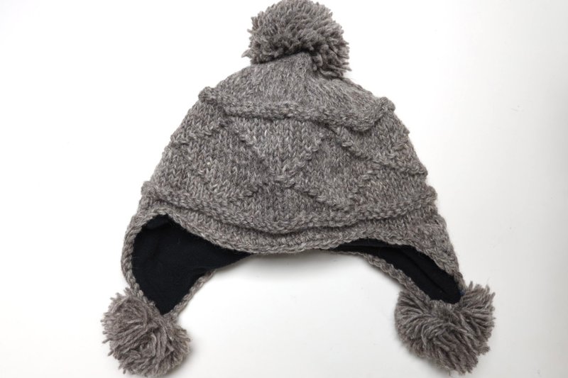 Three-ball small face gray raw velvet color pure wool thread hand-woven fully lined windproof fur hat ear protection hat Japanese rhombus - หมวก - ขนแกะ สีเทา