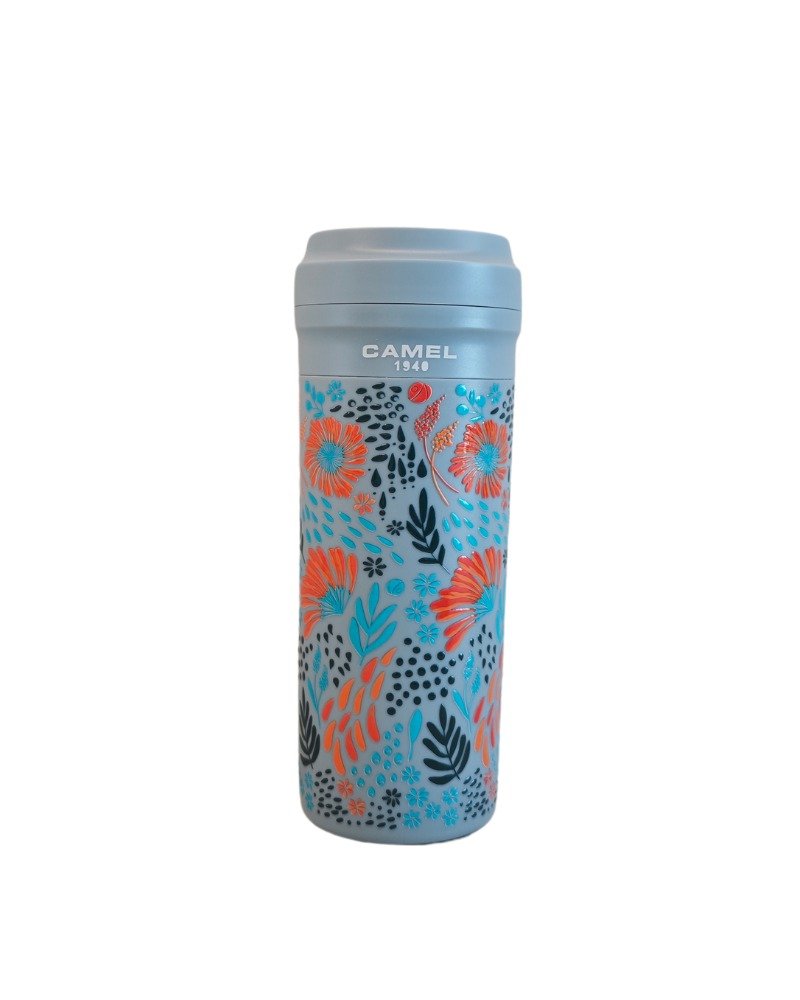 Camel brand 350ml glass bladder vacuum insulated cup with plastic shell and lid - Flower Series (Firecracker Flower FC) - กระบอกน้ำร้อน - วัสดุอื่นๆ สีน้ำเงิน