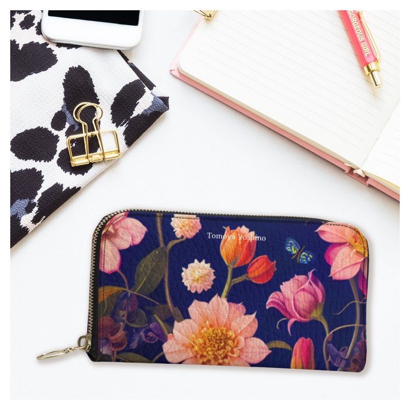 A mystical butterfly-like bird long wallet pouch in a colorful and vibrant Nordic flower lover - กระเป๋าสตางค์ - หนังแท้ หลากหลายสี