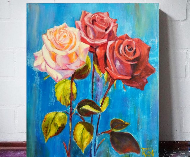 キャンバスに描かれたバラ、花のある静物画のオリジナル 50*40 cm