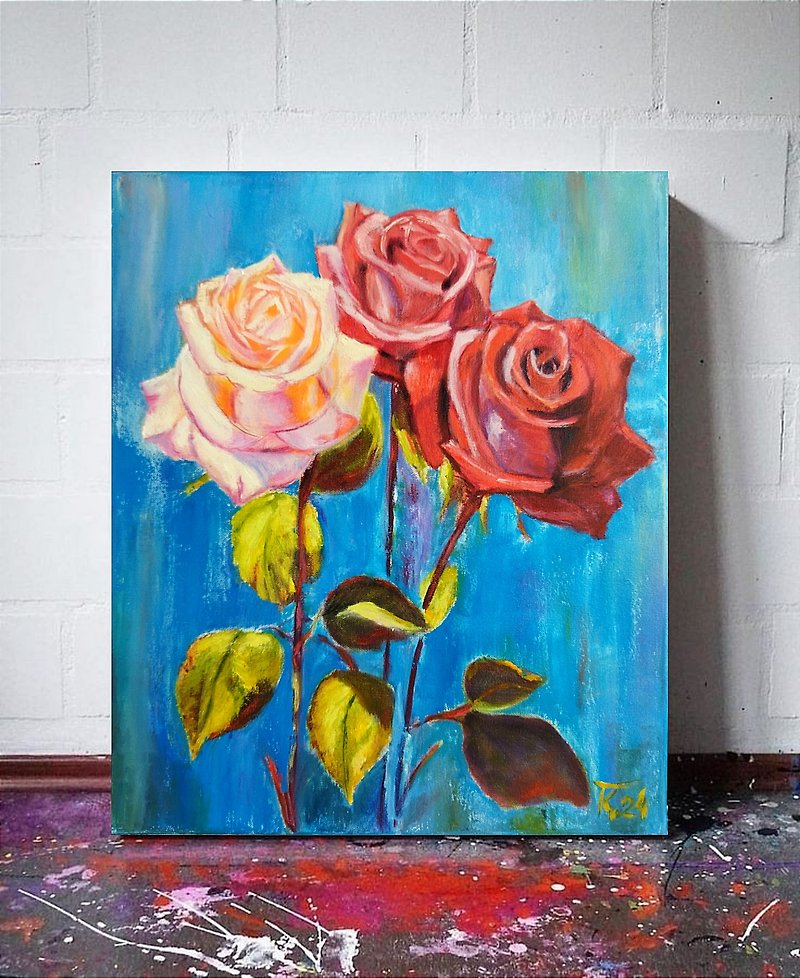 Original painting on canvas with roses, still life with flowers  50*40 cm - Posters - Cotton & Hemp 