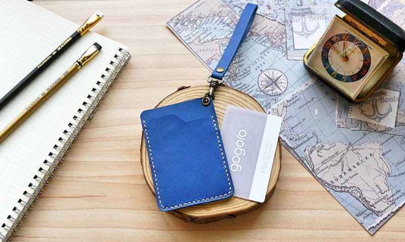 European leather card holder leisure card holder gogoro key navy blue free lettering packaging - ID & Badge Holders - Genuine Leather Blue