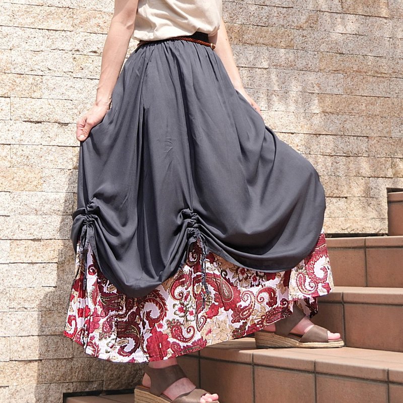 Scrunchy hem, irregular gather arrangement, paisley x flower pattern, layered design, long skirt, ethnic, Nepal, d-sk006 - กระโปรง - วัสดุอื่นๆ 