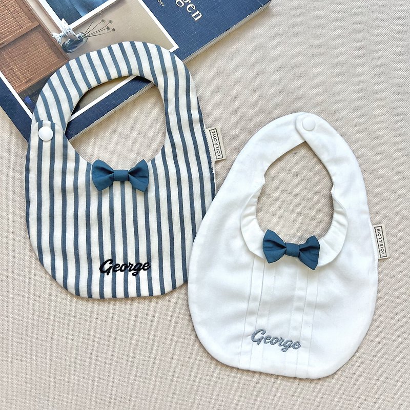 [Customized Embroidery-2-Piece Moon Gift Set] Prince George + Classic Blue Striped Bow Tie - Baby Gift Sets - Cotton & Hemp Blue
