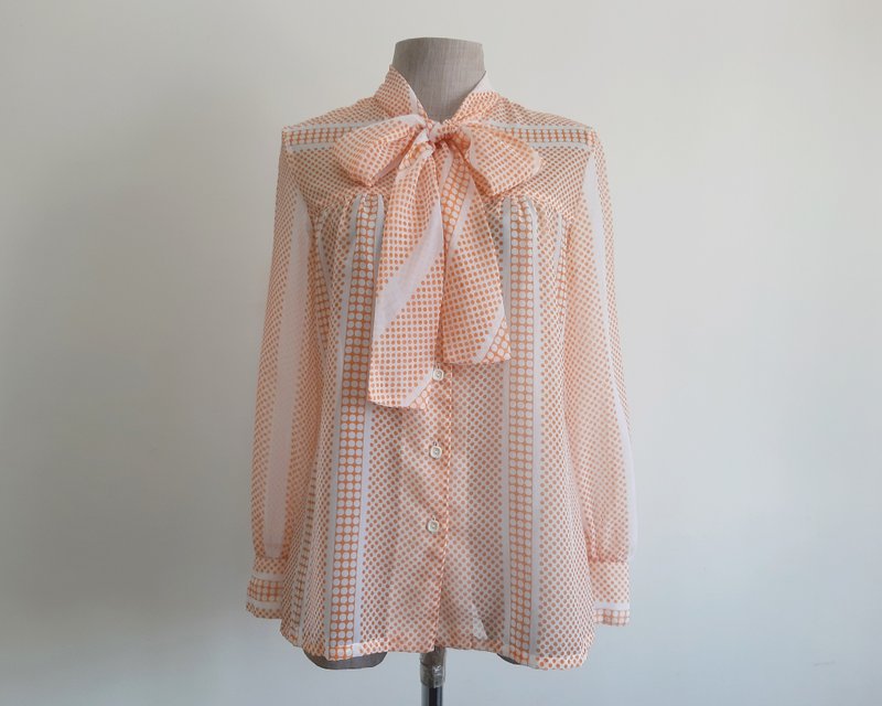 XS Vintage Orange White Polka Dot Blouse Womens Bow Tie Neck Top Sheer Blouse - 女上衣/長袖上衣 - 聚酯纖維 橘色