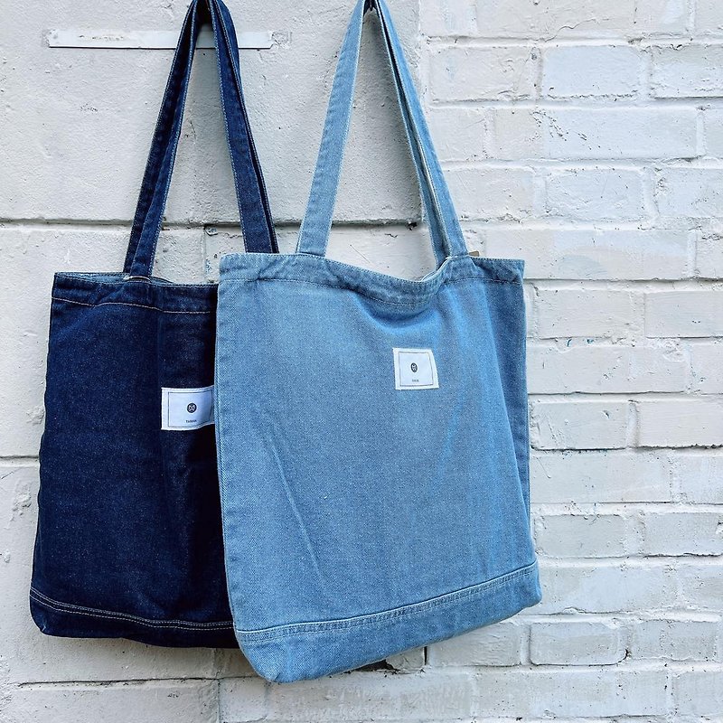 【MINI LIFE】plain denim zipper shoulder bag/handbag/school bag-two colors in total - Handbags & Totes - Cotton & Hemp Blue