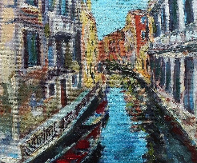ベネチアの運河の街並みの絵画 オリジナルのオイルアート インパスト
