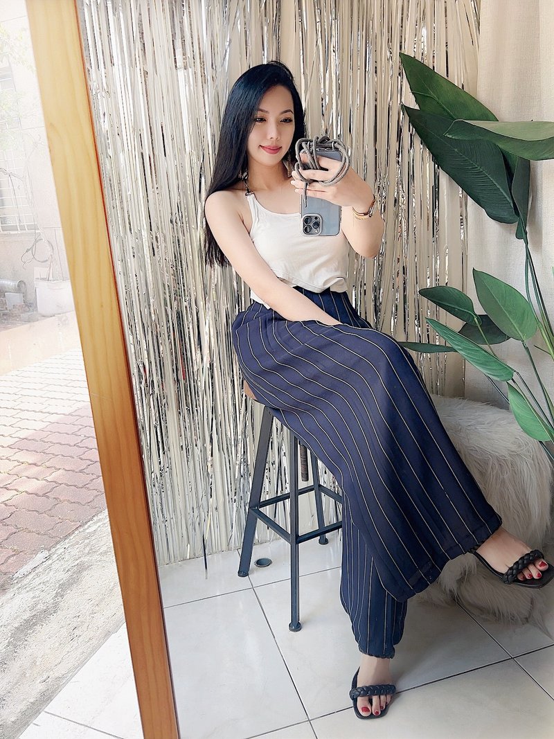 深海藍悠揚直紋打摺經典時光 古著紡紗長褲寬褲 pants vintage - 女長褲 - 聚酯纖維 藍色