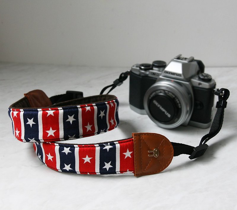 手作減壓相機背帶 手機繩 手機帶 (美國星星) S36 - 掛繩/吊繩 - 棉．麻 紅色