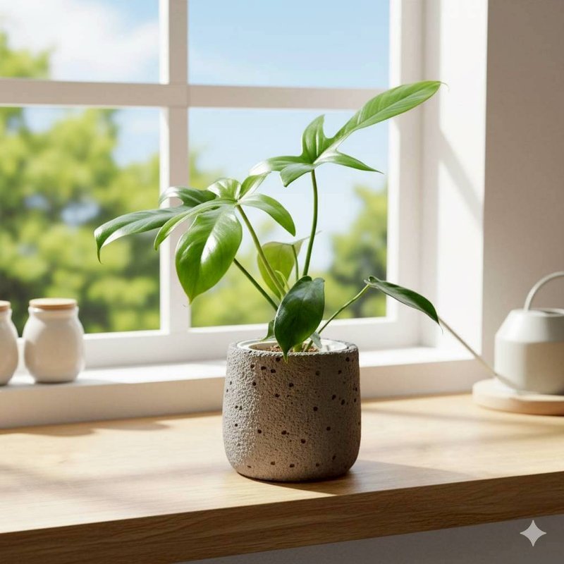 Dragon Claw Philodendron Easy-Care Planter with Polka Dot Grey Small Cement Pot, Outer Pot, Recommended for Opening Ceremonies - ตกแต่งต้นไม้ - พืช/ดอกไม้ สีเขียว