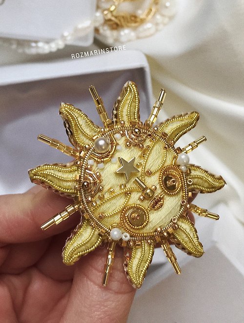 ROZMARINstore Beaded Brooch Sun Embroidered Jewelry, Handmade gift