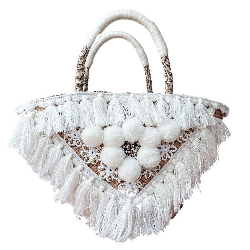 Rattan Bag with White Fringed Fleece Charm - Handbags & Totes - Other Materials 