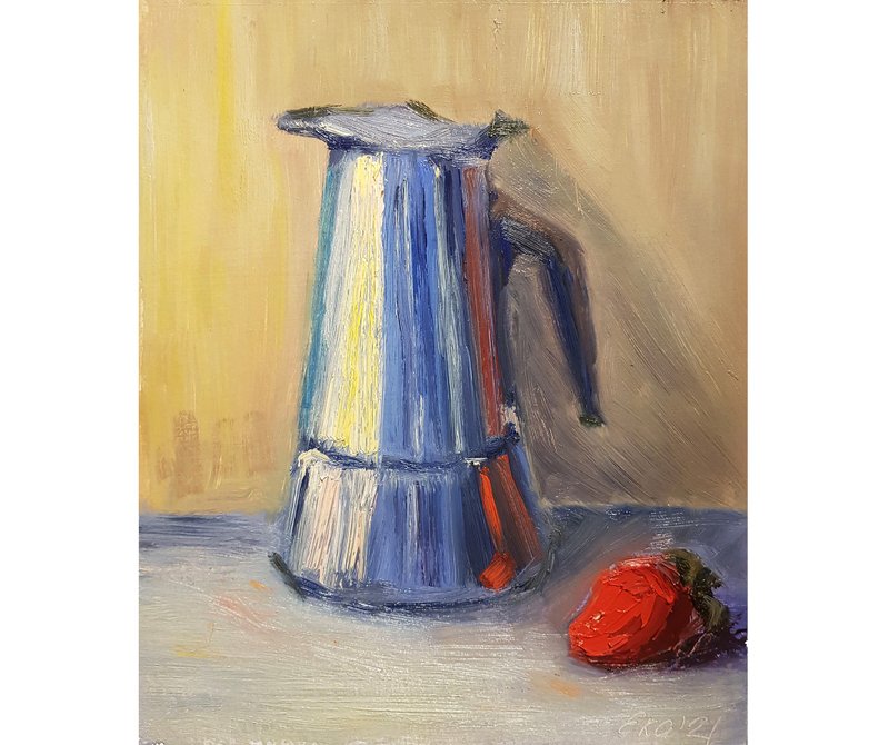 Coffee Pot Painting Still Life Original Art Strawberry Oil Painting 8 by 10 - Wall Décor - Other Materials Yellow