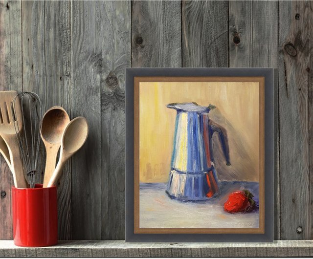 コーヒーポット絵画静物オリジナルアートストロベリー油絵8×10