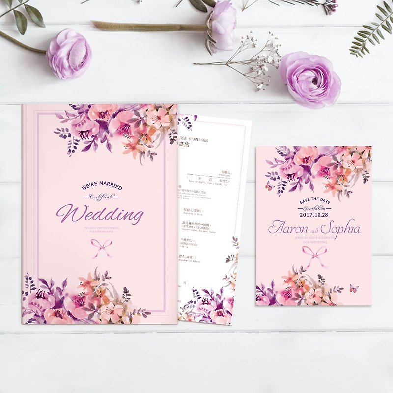 【Quick Shipping】Marriage Contract Folder (Certificate Folder) - Rhine (Pink Purple) - Customized Name - Marriage Contracts - Paper Pink