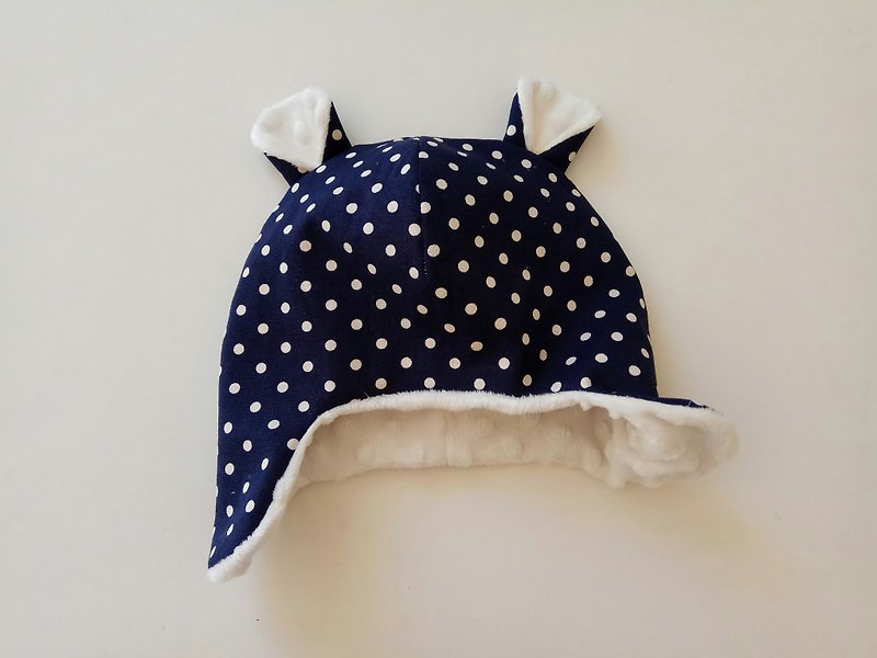 Baby ear bear hat: blue background and white dots full moon gift baby flying hat baby hat warm hat bear hat - Baby Gift Sets - Cotton & Hemp Blue