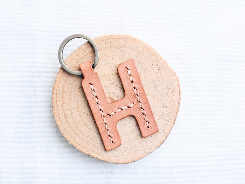Initial H letter keychain - ash leather group well stitched leather material bag key ring Italy - Leather Goods - Genuine Leather Brown