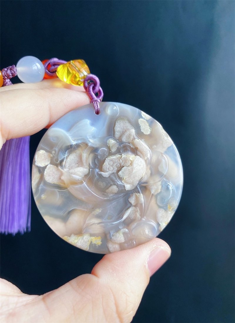 櫻花瑪瑙 紫底 爆米花 蓮 雕刻件 水晶 包掛 天然石 禮物 - 鑰匙圈/鑰匙包 - 水晶 紫色