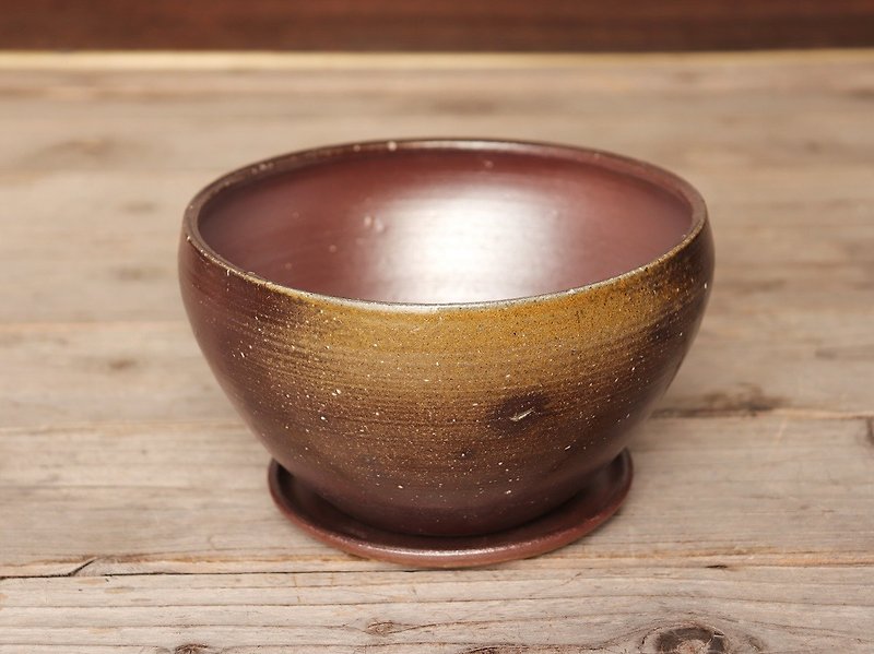 Bizen pottery plant pot 【With saucer】 u-036 - Pottery & Ceramics - Pottery Brown