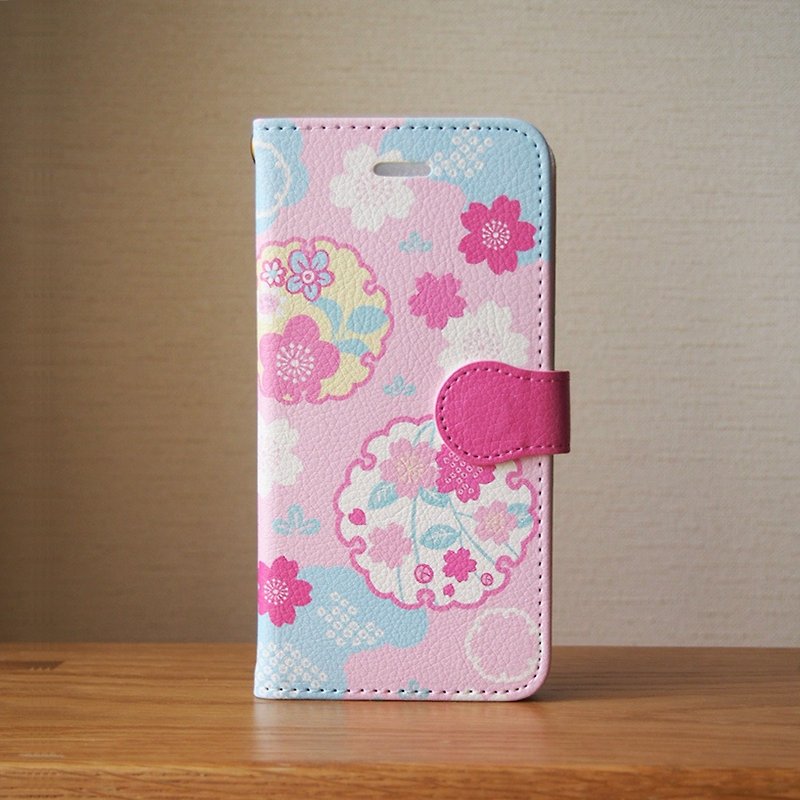 【Notebook type android phone case】Japanese Cherry Blossoms & Snowy Crystals - เคส/ซองมือถือ - วัสดุอื่นๆ สึชมพู