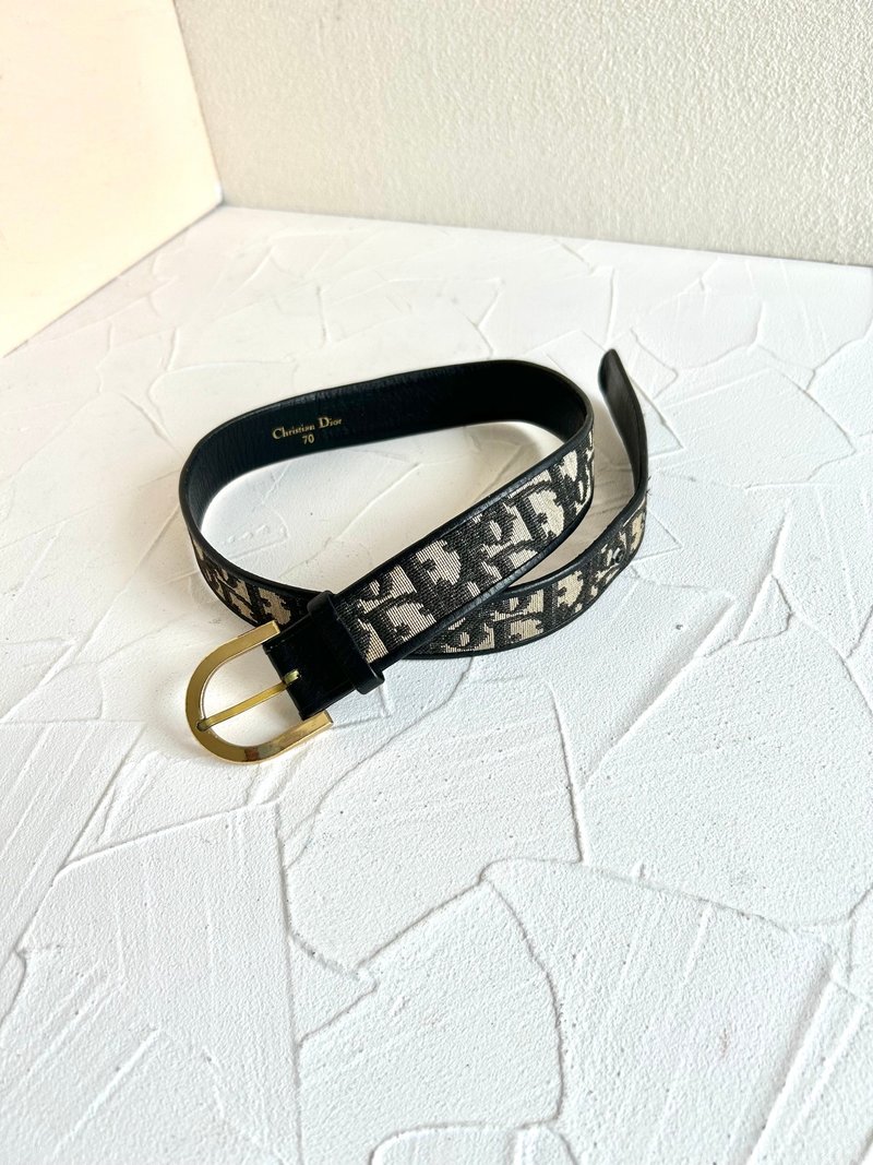 絕版古董品 Dior黑色老花皮革帆布腰帶 女裝皮帶 中古二手美品 - 皮帶/腰帶 - 真皮 黑色