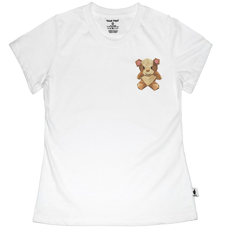 【英國 Baker Street 貝克街】女裝 - 純棉短袖T - 3D泰迪熊 - 女 T 恤 - 棉．麻 白色