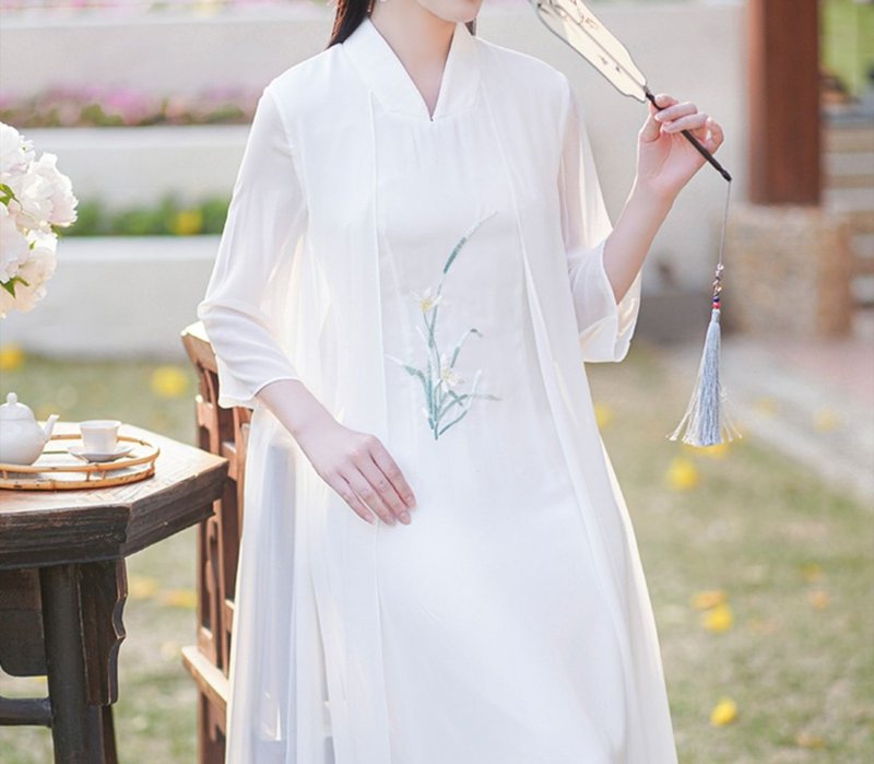 Xianchen new Chinese style elegant Zen tea Hanfu improved cheongsam dress - One Piece Dresses - Other Materials Multicolor