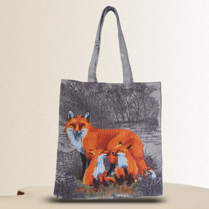 Strong reusable brown tote bag, eco friendly, cotton canvas soft bag with a fox - 手提包/手提袋 - 棉．麻 咖啡色
