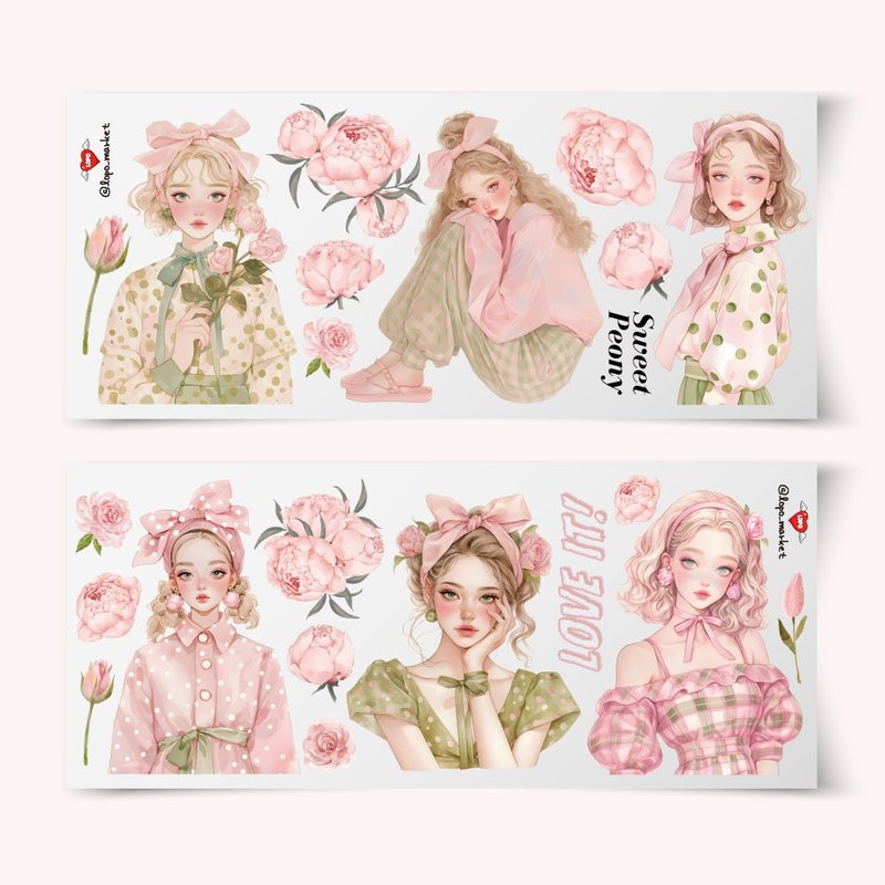 Peony Spring Character Sticker 6-piece Set - 貼紙 - 紙 